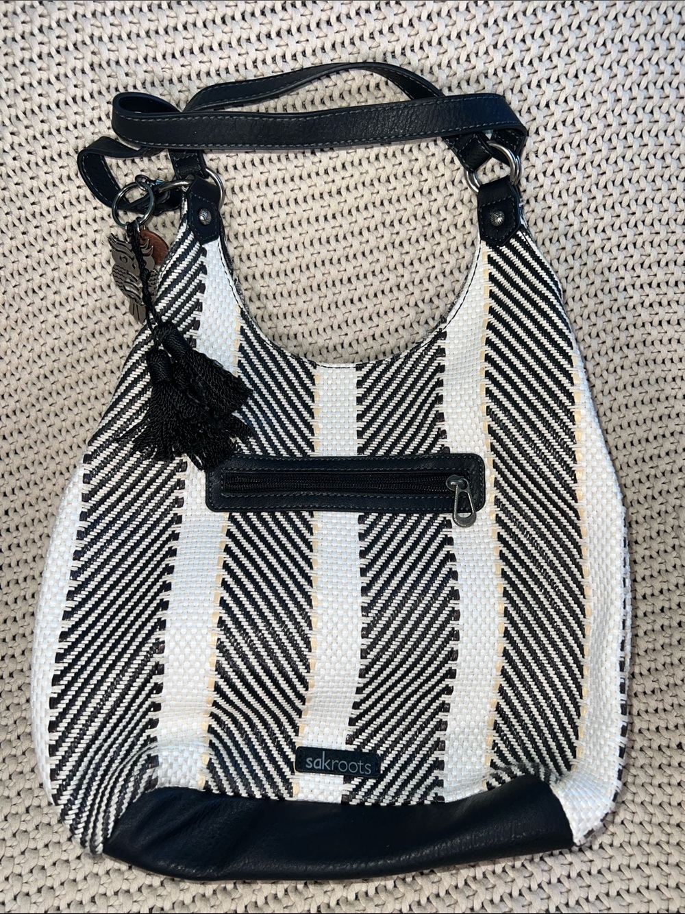Sakroots Black & White Striped Shoulder Hobo with Tassel